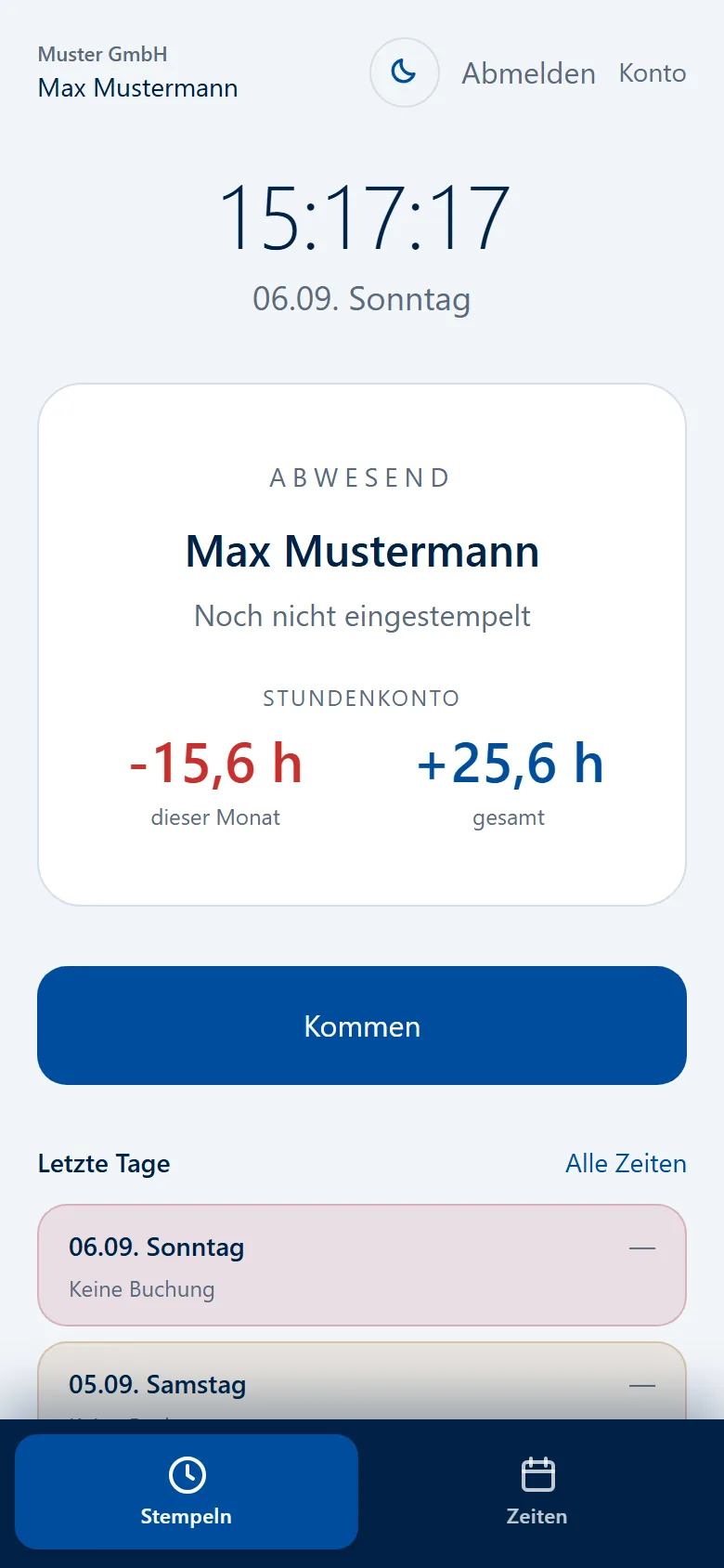 Stempelansicht von Opentakt Zeit auf einem Smartphone