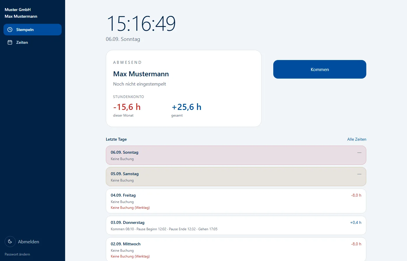 Stempelansicht von Opentakt Zeit am PC mit Uhr, Status und der Taste Kommen
